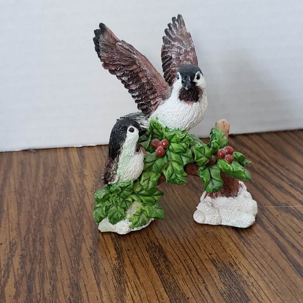 Two Small Ceramic Chickadees on Holly Log with Snow